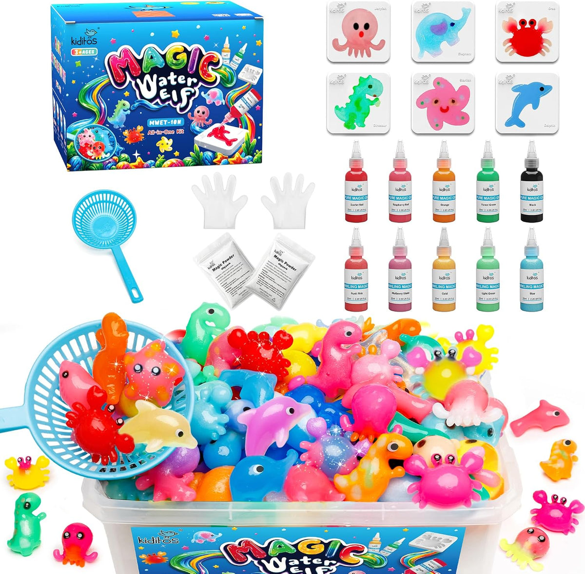 Kiditos Magic Water Elf Toy Kit, Squishies for Kids - 10 Sea Creature Colors / 10 Count (2 Packs of 5)