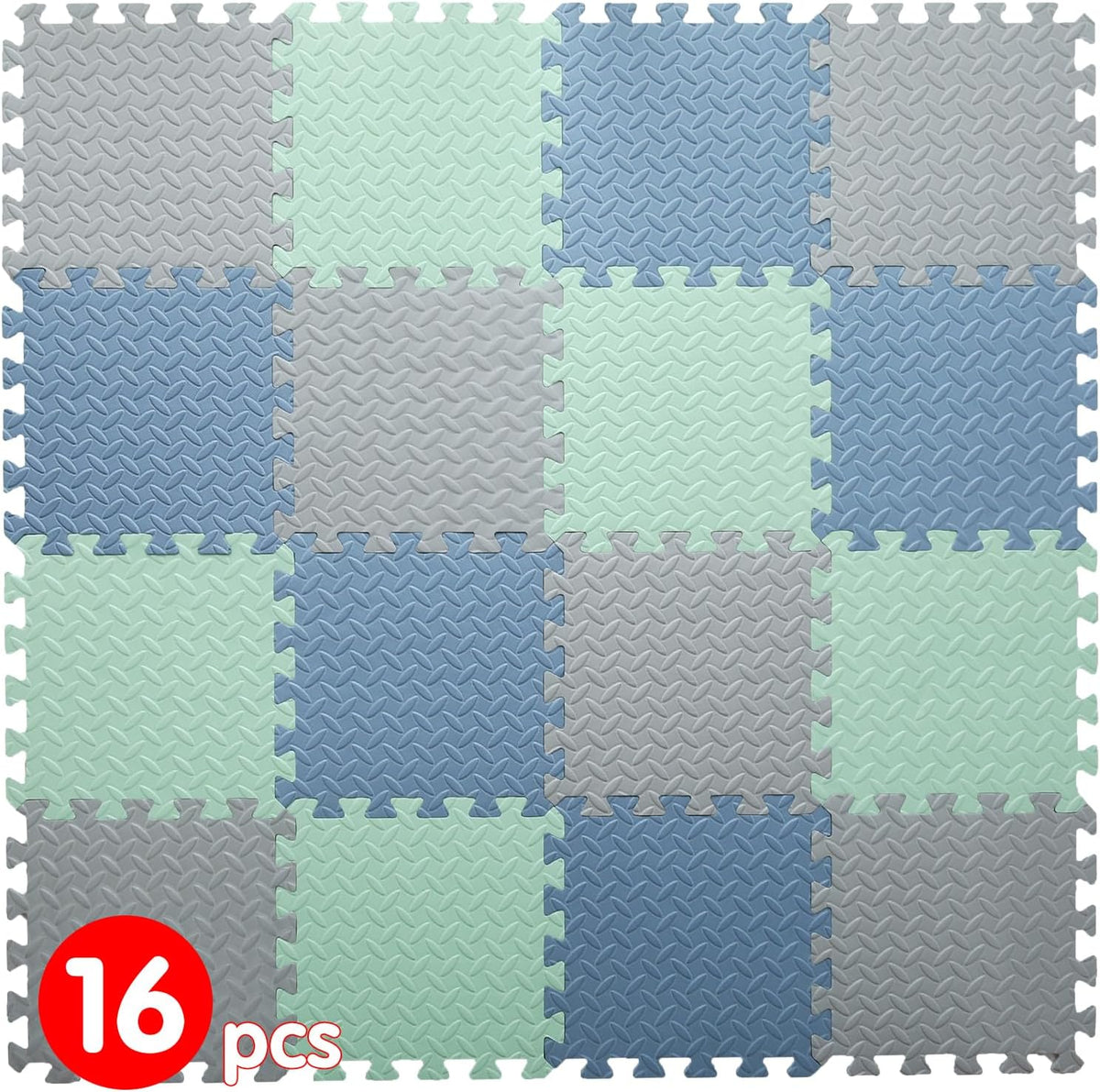 16 Tiles Foam Play Mat, Soft & Safe EVA Foam Mats for Floor - Gray/Bean Green/Gray Blue