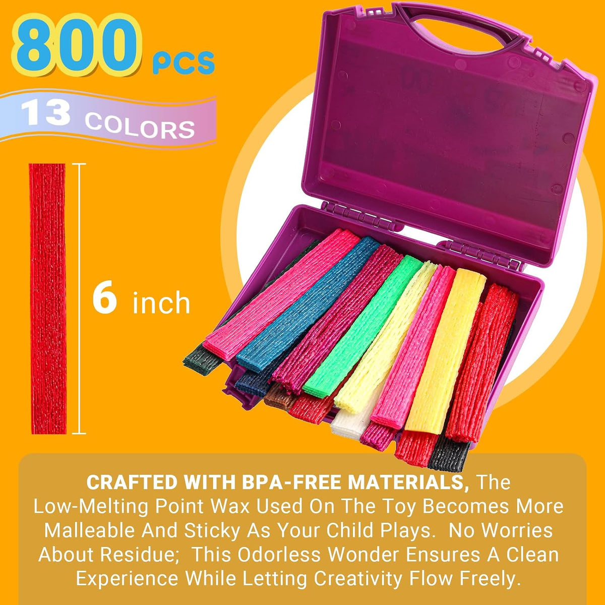 CALPALMY (800 PCS Wax Sticks for Kids, Bendable Wax Yarn Sticks - 6"Wax Sticks (800PCS) / Neon Colors/Purple Box - image 3