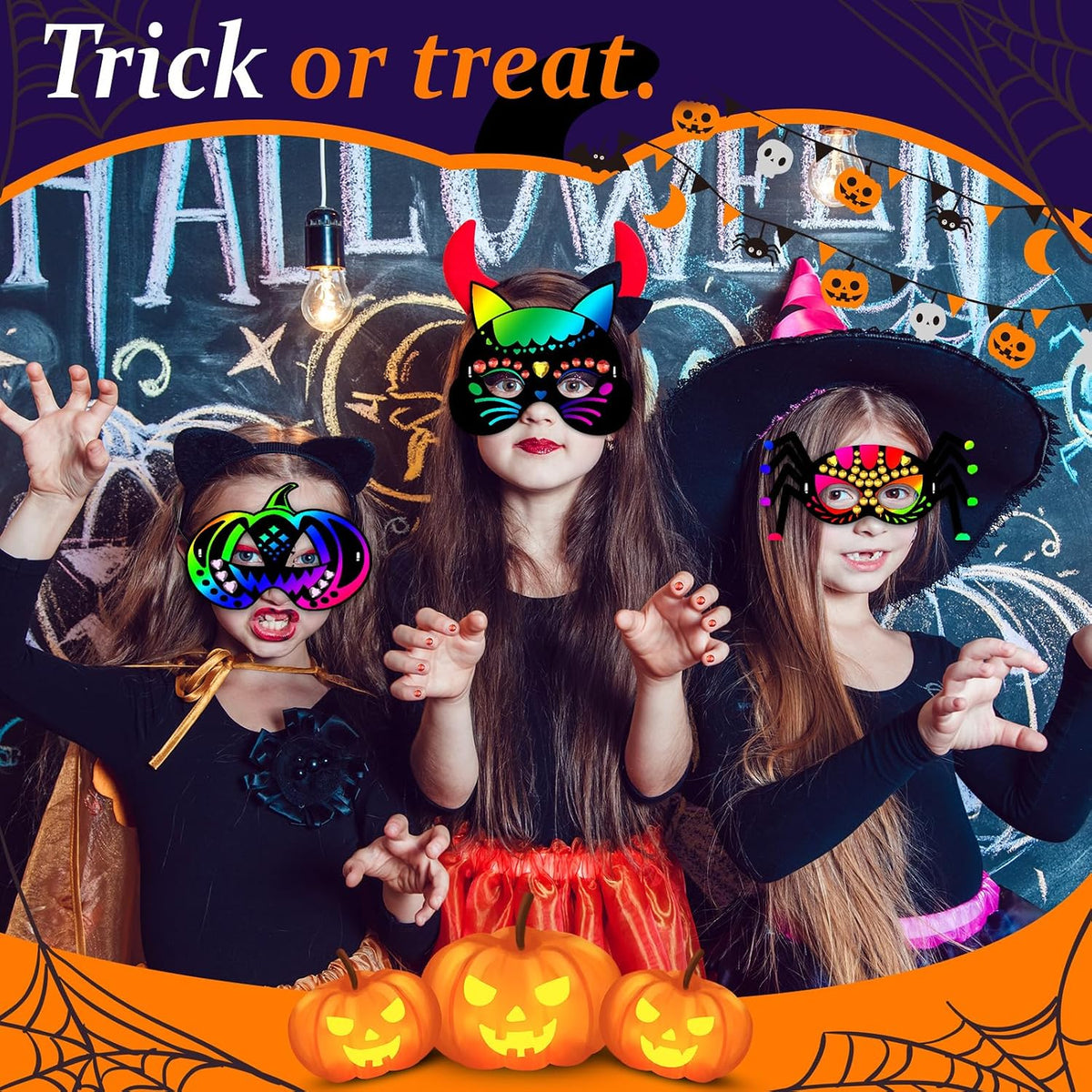 Natonhi 32 rainbow Halloween scratch art masks with wooden styluses and strings - view 22