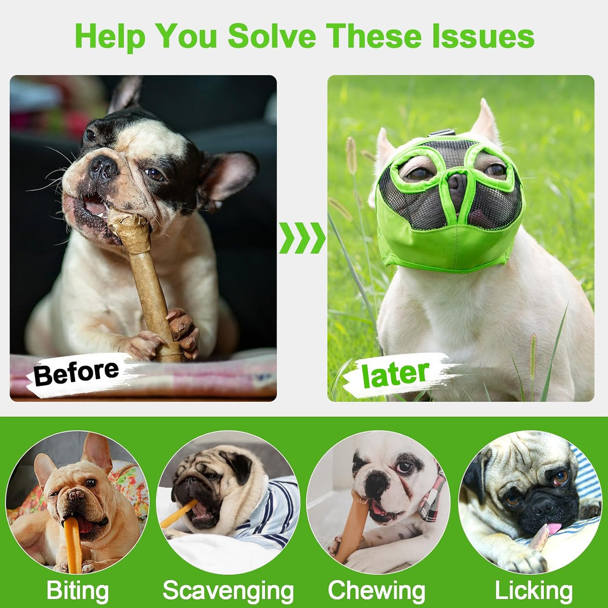 Short Snout Dog Muzzle - Adjustable Breathable Mesh Bulldog Muzzle for Biting Chewing Barking - Green / X-large/ 18"-25" - image 2