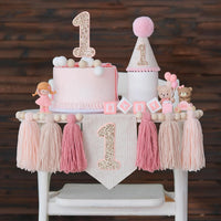 First Birthday Decorations for Boy Blue One Year Old High Chair - Bright Pink