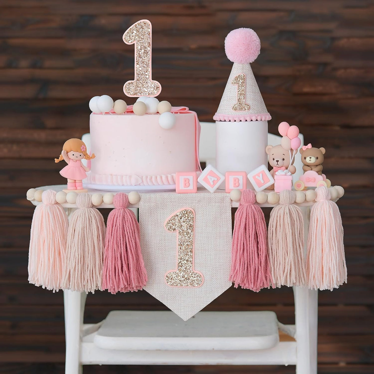 First Birthday Decorations for Boy Blue One Year Old High Chair - Bright Pink