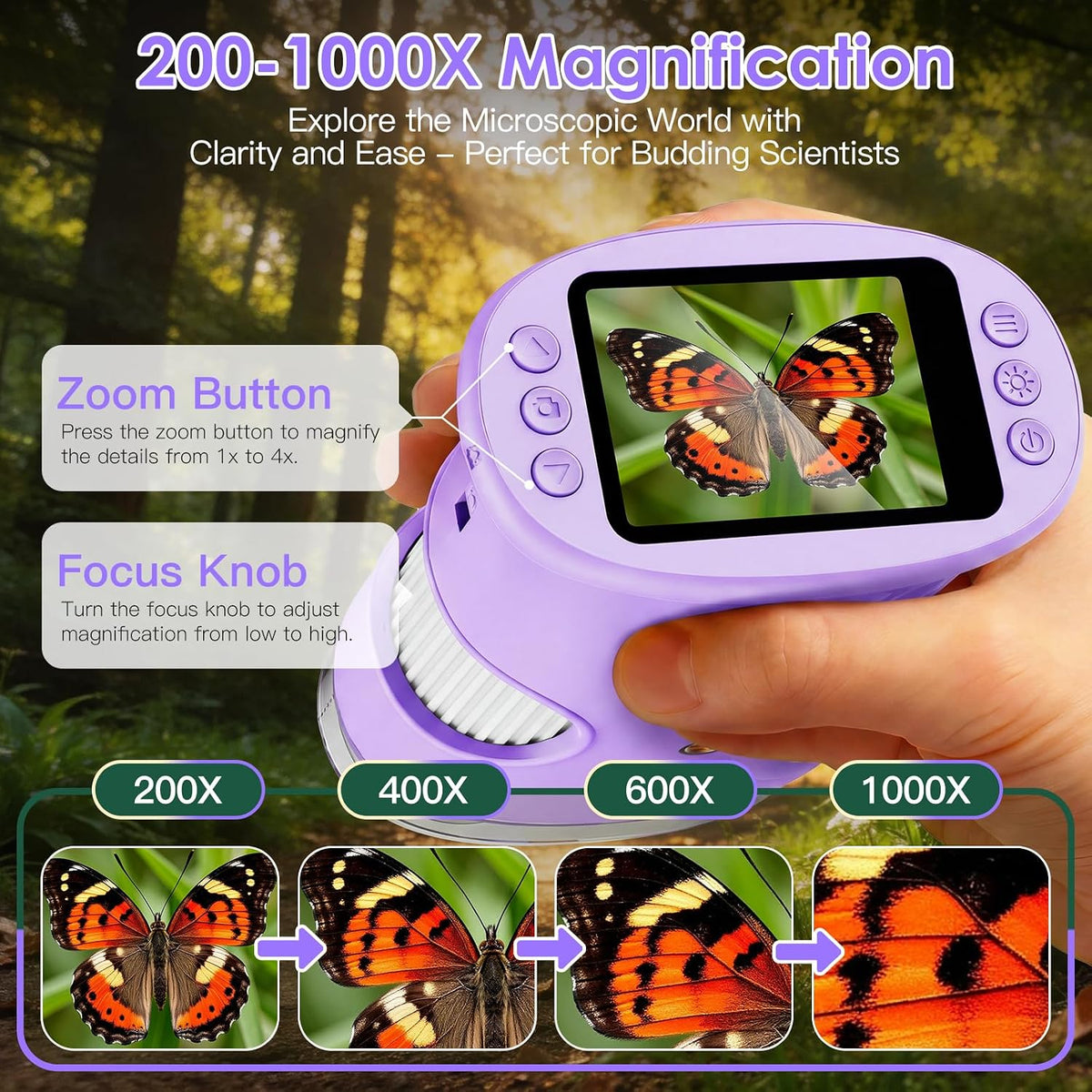 4K 1000X Handheld Digital Microscope for kids 2.0" IPS Screen – Fun for Kids & Family - Purple - image 2