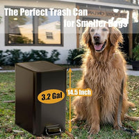 Metal Dog Pooper Scooper for Yard - 3.2Gal Dog Poop Trash Can Outside with Pedal - Pet Waste Container Outdoor - Stainless Steel Garbage Bucket with Lid - Black Trash Bin, Long Handle Tray and Rake