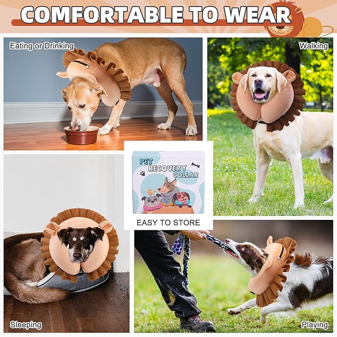 KOOLTAIL Inflatable Dog Cone Collar, Soft Dog Cone Alternative for Large Medium Small Dogs After Surgery, Adjustable Donut Neck Cone for Dogs Cats, Recovery E Collar with Enhanced Anti-Licking,Lion M