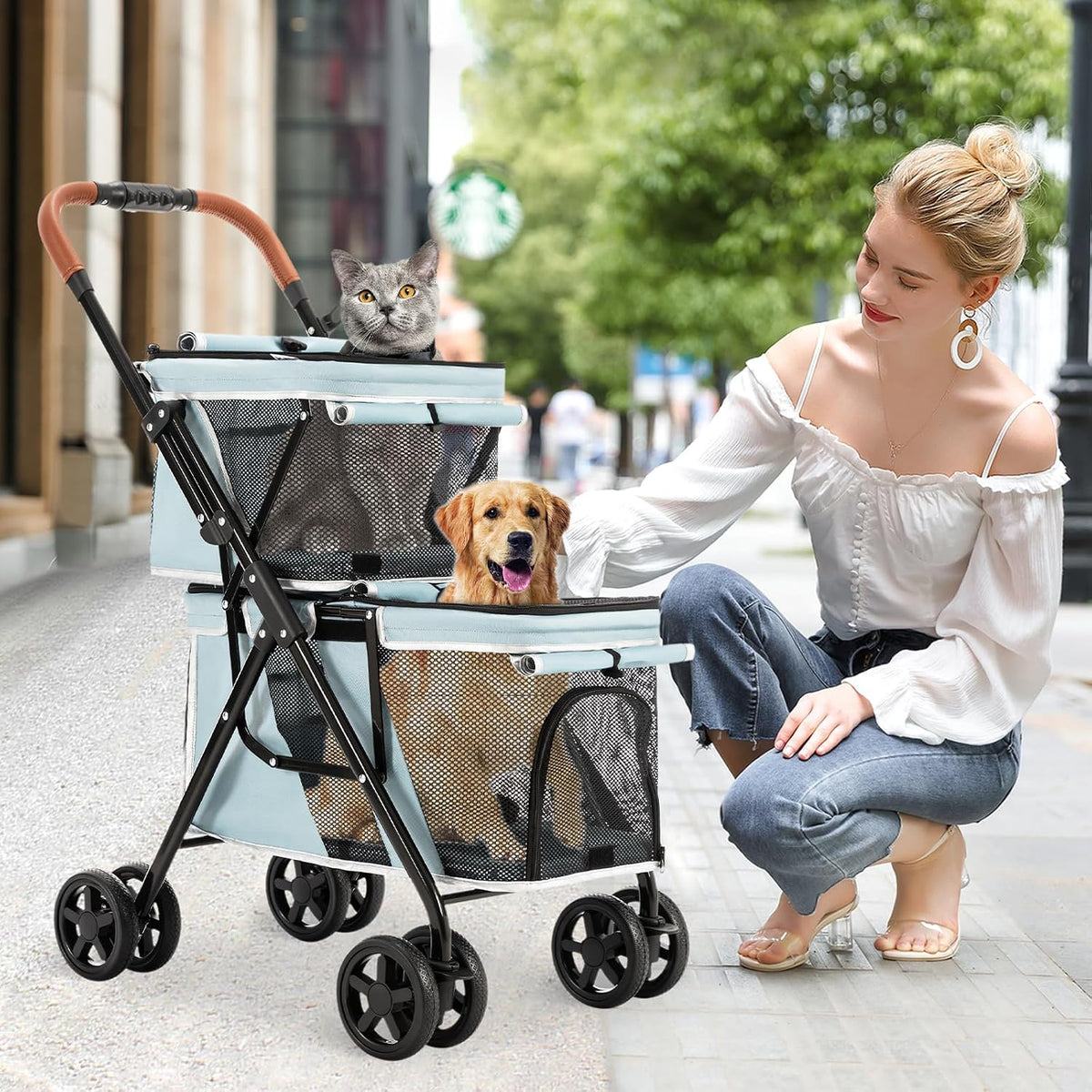 Double Pet Stroller for 2 Dogs & Cats, Double-Decker, Blue – Essentials for Dogs - Light Blue - image 2