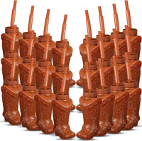 Hoolerry 12 Pcs Cowboy Boot Cups with Lids and Straws - Brown / 24