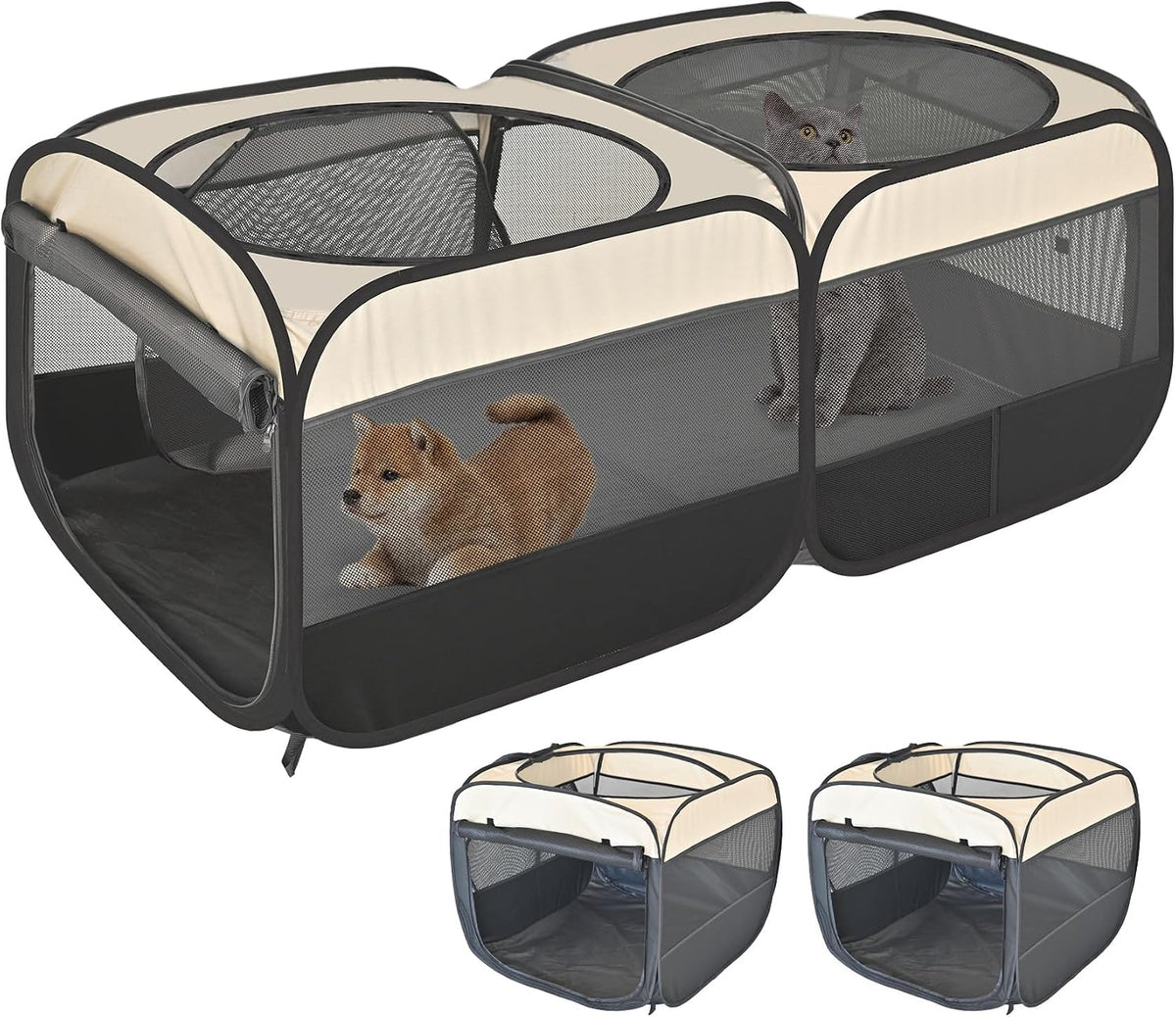2-in-1 XLarge Cat Playpen - Khaki / Rectangle / S, 46.5"L x 24.1"W x 17"H