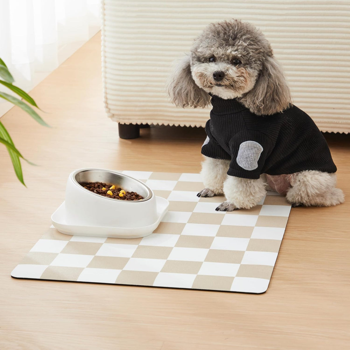 Checkered Dog Feeding Mat - 24"L x 16"W / Beige - image 2