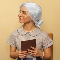 Huskein Old Lady Costume, Old Lady Cosplay Silver Bun Wig Glasses Wig Cap Pearl Necklace Bracelet - Silver-bun - image 4