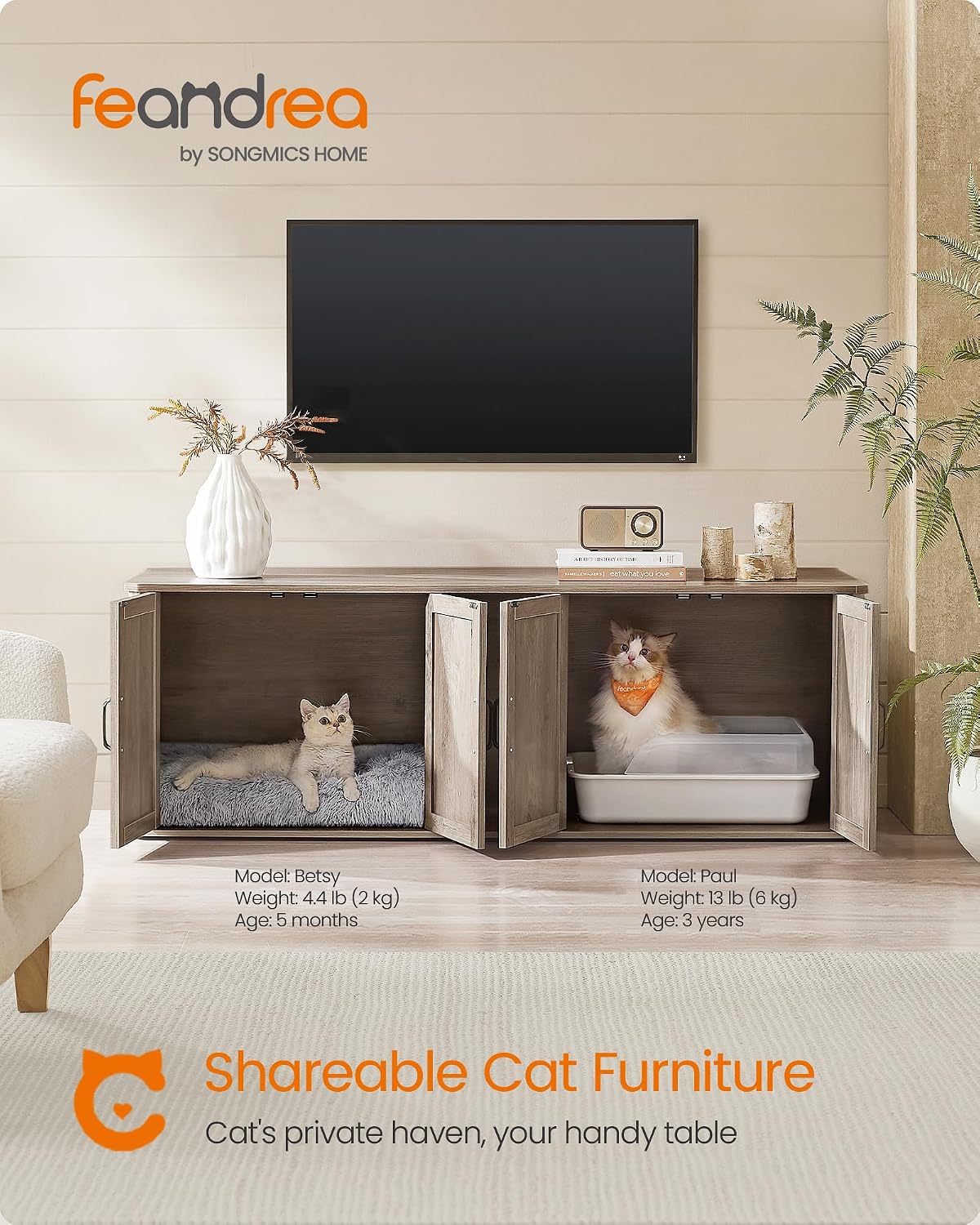Feandrea Double Cat Litter Box Enclosure for 2 Cats, Front Entry – Essentials for Cats - Heather Griege / XXL (59"L x 19"W x 19.5"H) - image 2
