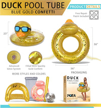 POZA inflatable duck pool float tube with gold confetti, sunglasses and orange beak - view 28