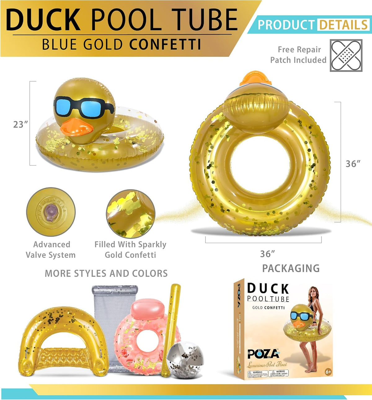 POZA inflatable duck pool float tube with gold confetti, sunglasses and orange beak - view 28
