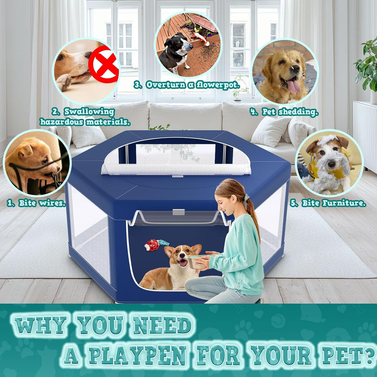 42x42 Inches Puppy Playpen with Gate - Blue / 45x45 IN Hexagonal - image 2