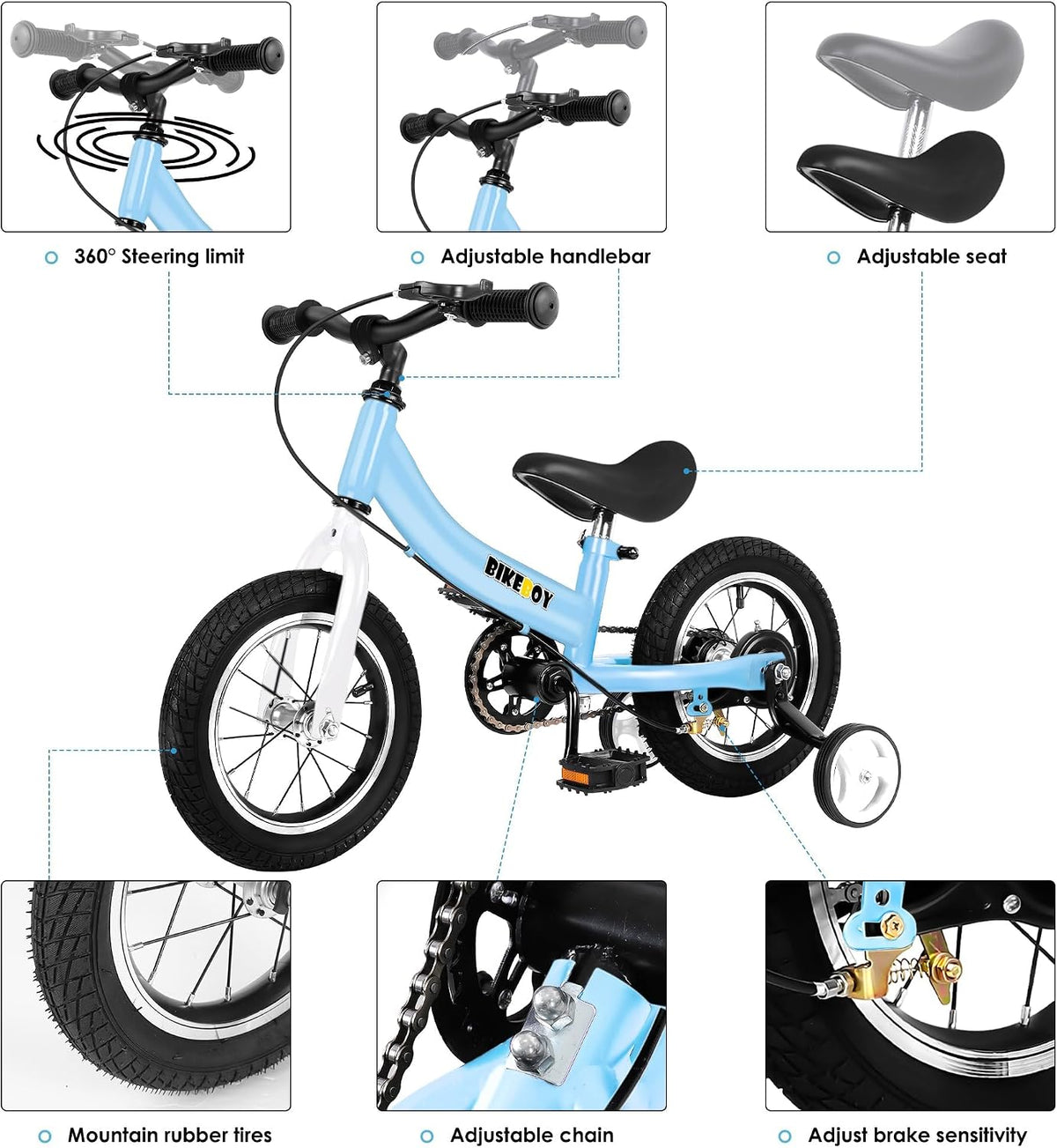 bikeboy 2 in 1 balance bike with pedals and hand brake, 12 14 16 inch wheels - view 24