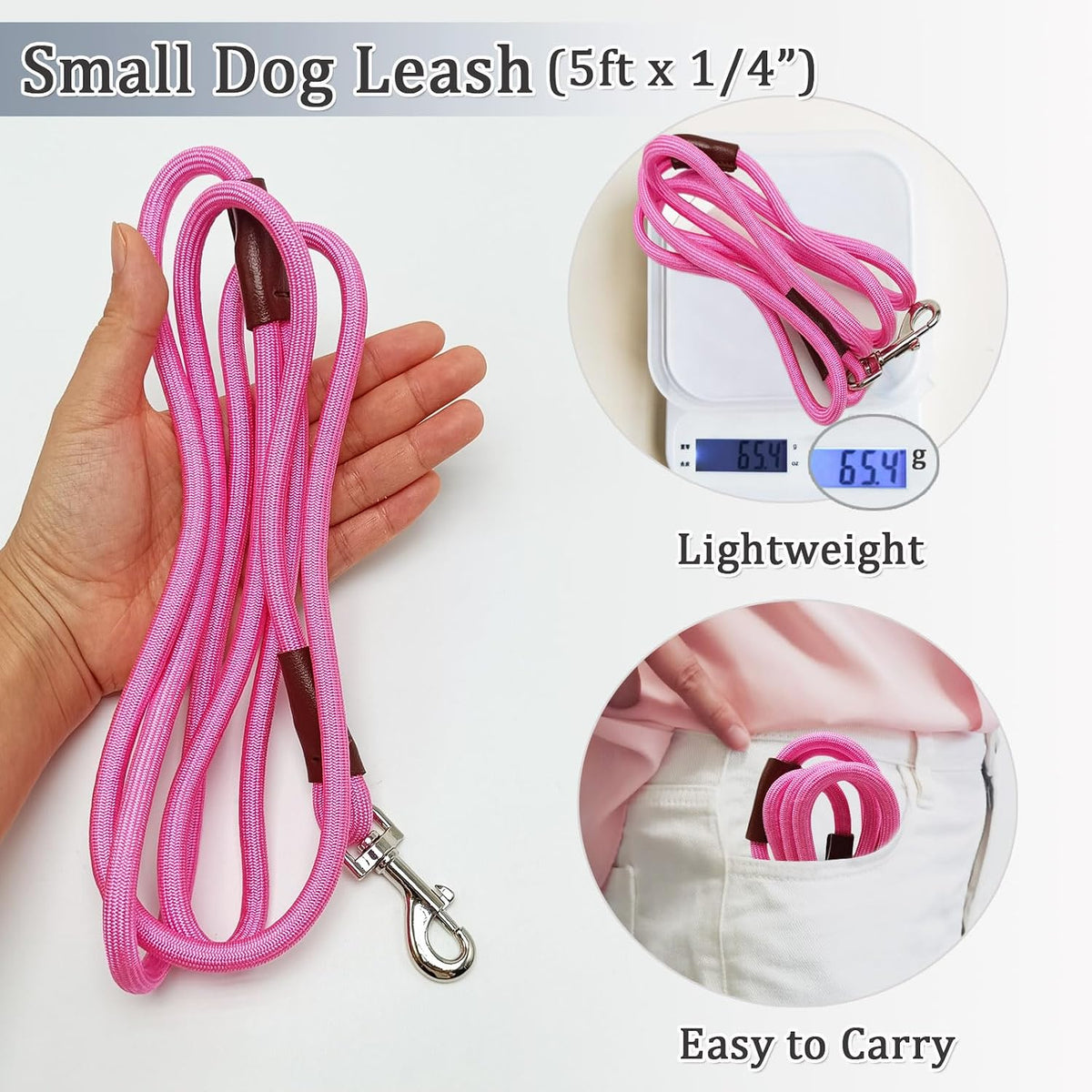 WYuZe 5ft Puppy Leash for Small Dogs Cats - Pink / 5 FT (3~18 lbs) - image 2