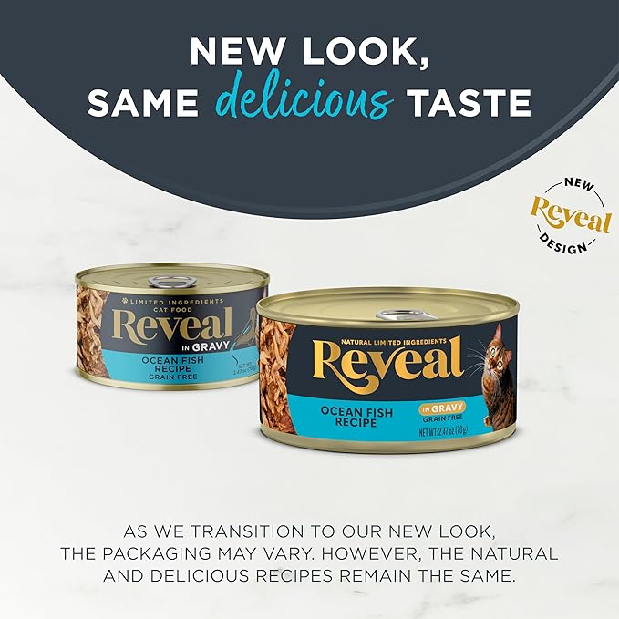 Reveal Natural Wet Cat Food, 24 Count, Grain Free, Limited Ingredient Canned Food for Cats, Ocean Fish in Gravy, 2.47 oz Cans