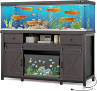 Miereirl 75-120 Gallon Fish Tank Stand with Power Outlet – Heavy Duty Aquarium Stand, Rustic Farmhouse Style, 1000 lb Capacity, Adjustable Storage & Sliding Barn Doors, Dark Brown