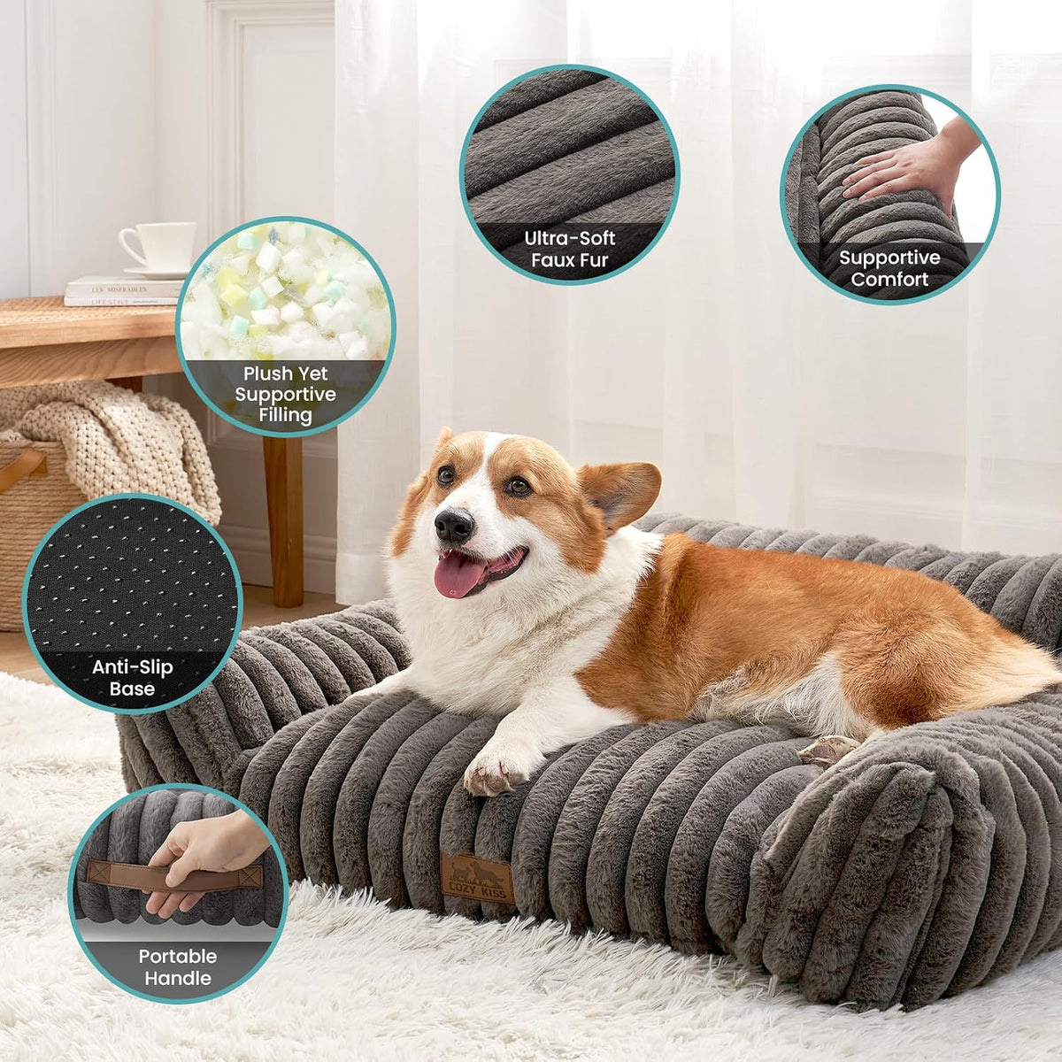 COZY KISS Cute Cat Couch, Fluffy Sofa Bed for Cats and Small Dogs, Premium Faux Rabbit Fur Cats - Grey / Small: 25.5'' x 17.5'' - image 4