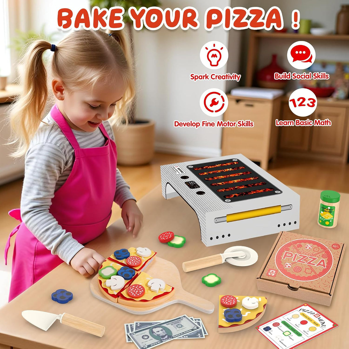 WOODMAM Wooden Pizza Toy, 48 PCS Montessori Pretend Play Food for Ages 3+ – Fun for Kids & Family - Cardboard Box Oven - image 2