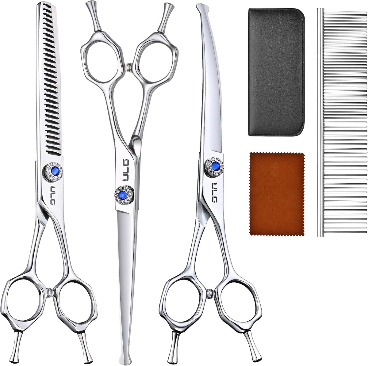 ULG Curved Dog Grooming Shears, 440C Stainless Steel - 4pcs SnagFree with Pouch