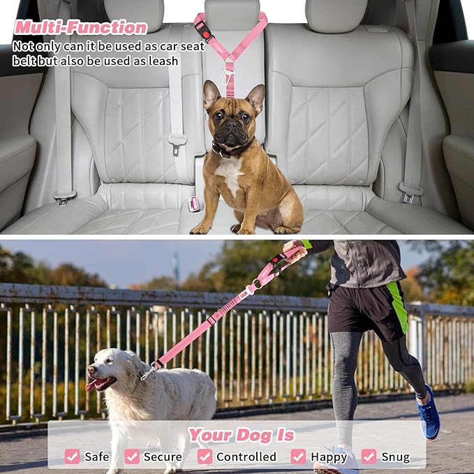 BWOGUE 2 Piece Dog Seat Belt for Car with Elastic Bungee Buffer Safety Seatbelt Car Headrest Restraint Wear Adjustable Metal Buckle Harness in Vehicle Travel for Pet