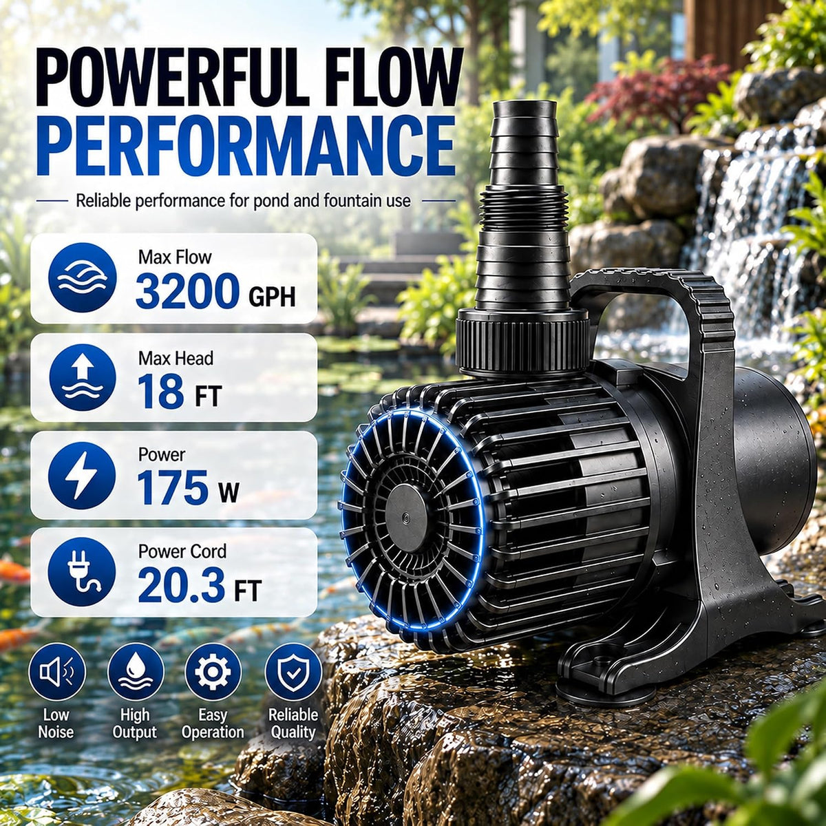 350W 7000 GPH Pond Pump, Ultra Quiet Heavy Duty Submersible Water Pump for Koi Ponds, Fountains - 3200GPH-175W - image 3