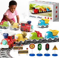 Dimoarch electric train set for toddlers with fire truck, concrete truck and dump truck