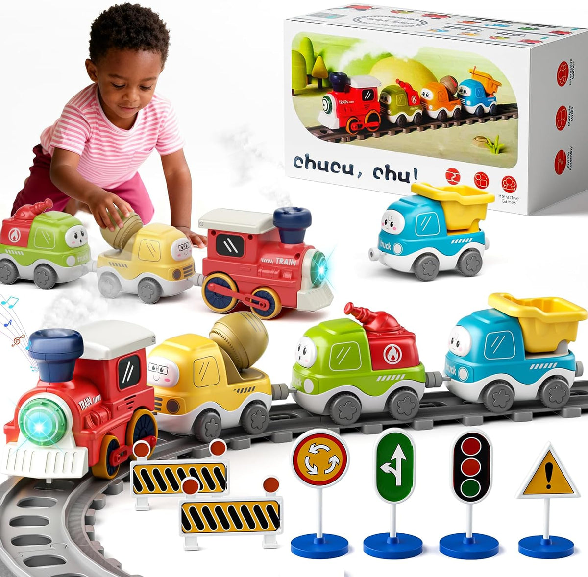 Dimoarch electric train set for toddlers with fire truck, concrete truck and dump truck