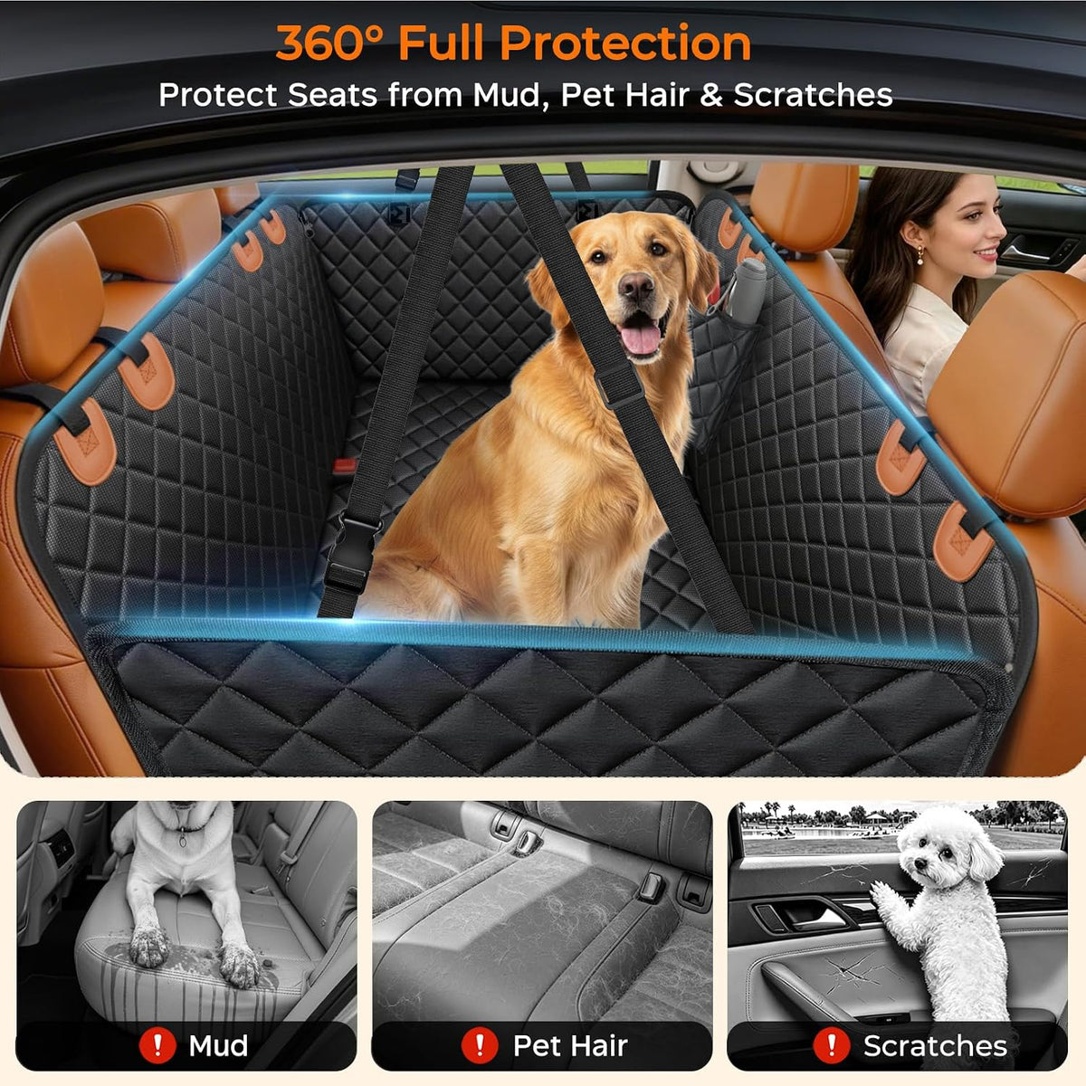 URPOWER Dog Car Seat Cover for Back Seat - Black with Orange / Standard - 54" Length - image 2