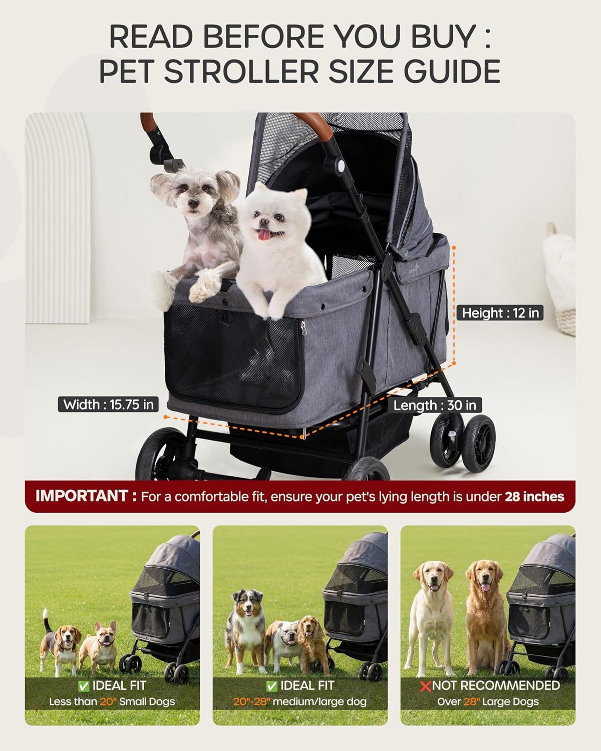 Dog Stroller for Large & Medium Dogs, for 2 Small Dogs – Essentials for Dogs - Urban Gray - image 3