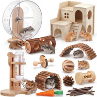 18 Pcs Hamster Cage Accessories Set with Hamster Wheel Maze House – Essentials for Small Pets - Natural Log Style