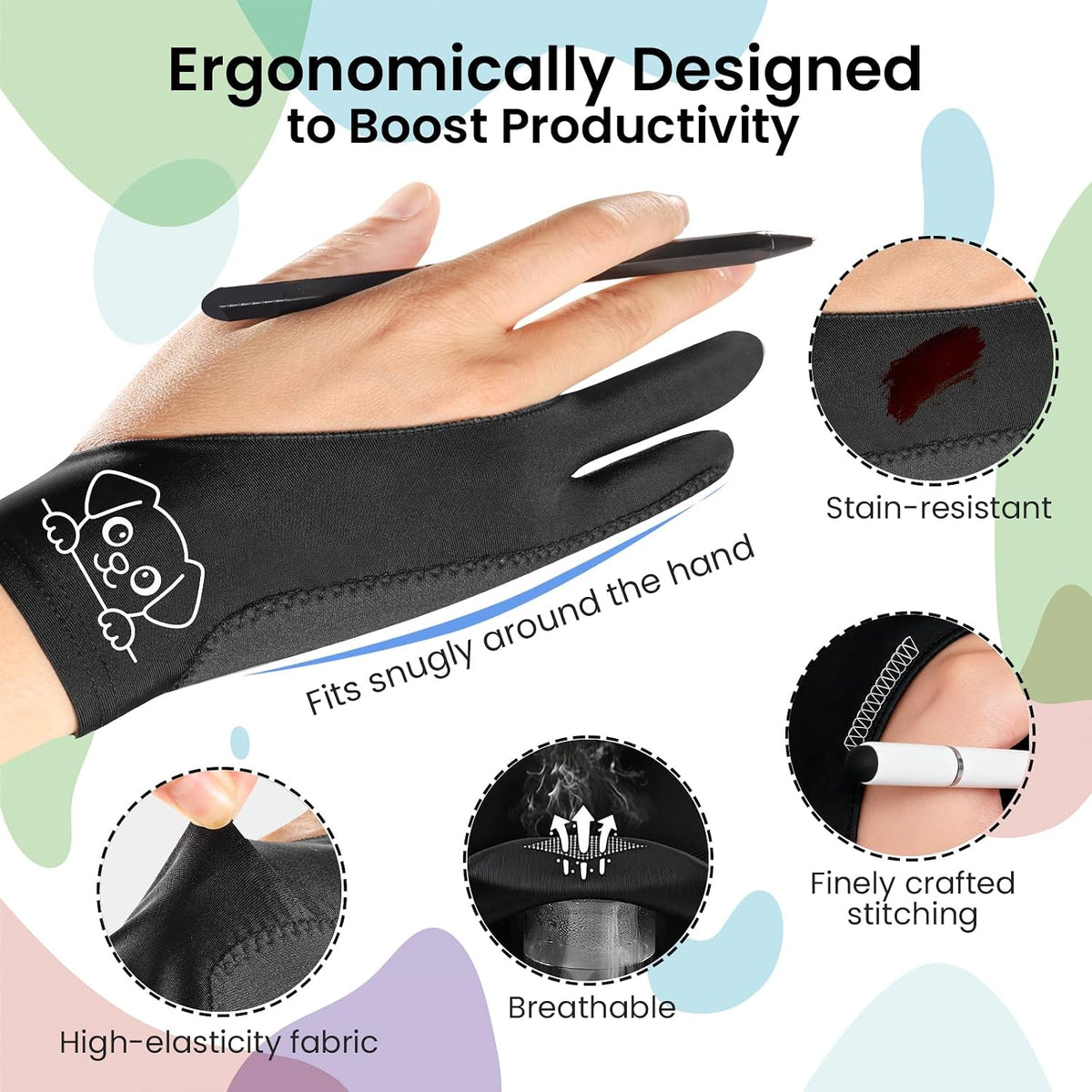 Artist Drawing Glove: 3-Layer Palm Rejection for iPad & Drawing - Midnight Puppy(2 Pack) / Small - image 3