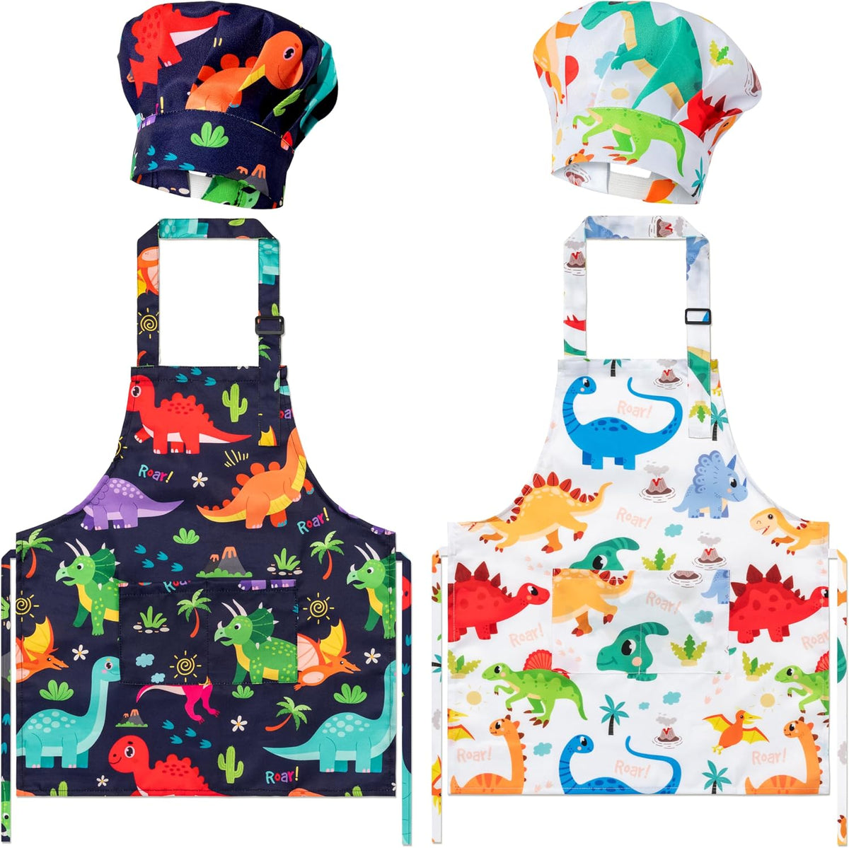 4Pcs Kids Apron and Chef Hat Set Gift for Girls Boys - Dinosaurs
