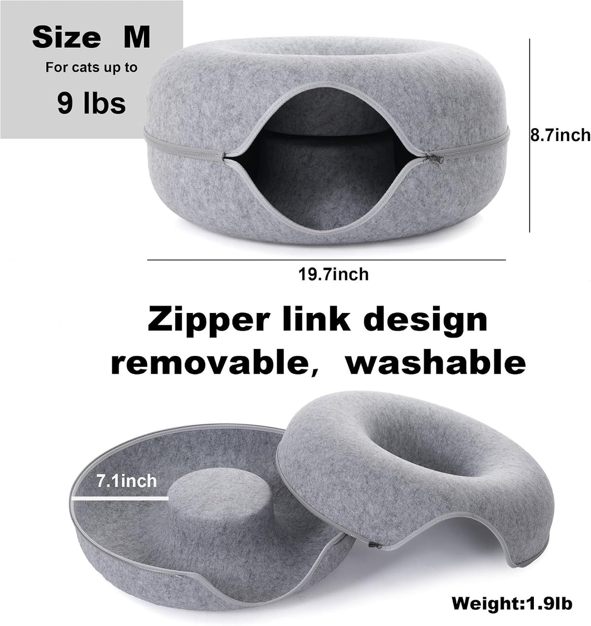 Large Cat Tunnel Bed for Indoor Cats with 3 Toys - M(20x20x9) / Light Grey - image 2