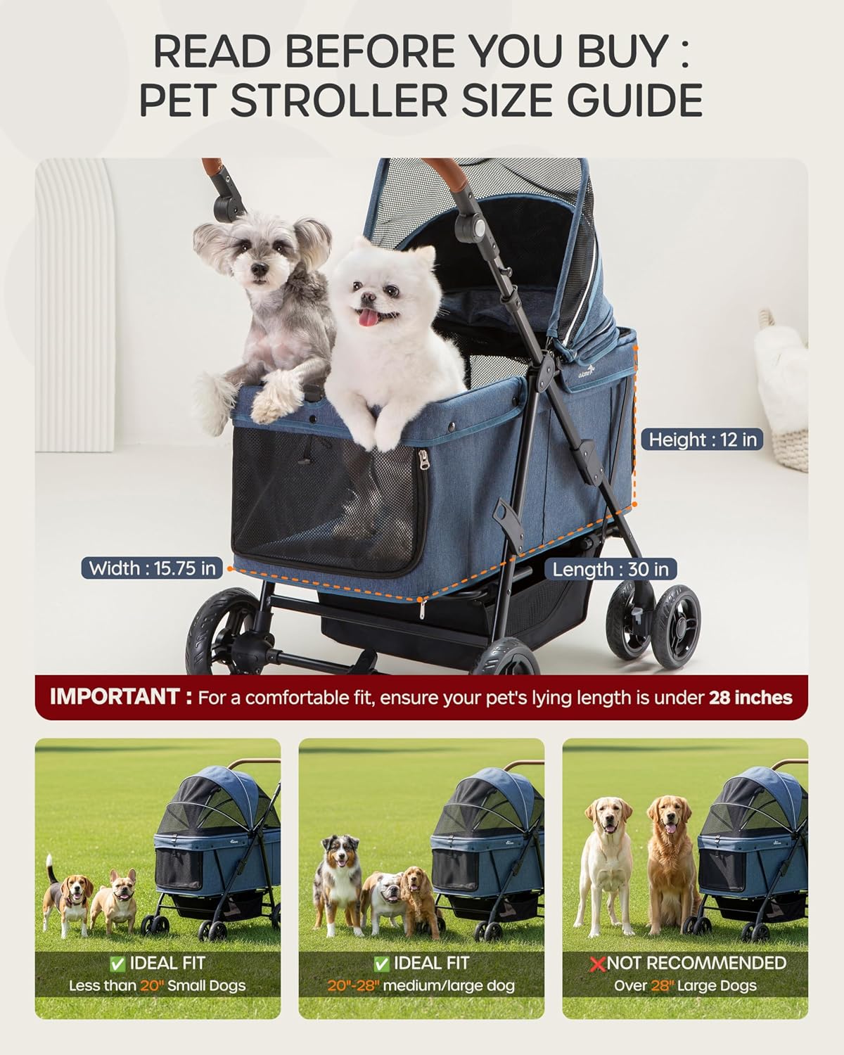 Dog Stroller for Large & Medium Dogs, for 2 Small Dogs – Essentials for Dogs - Navy Blue - image 3