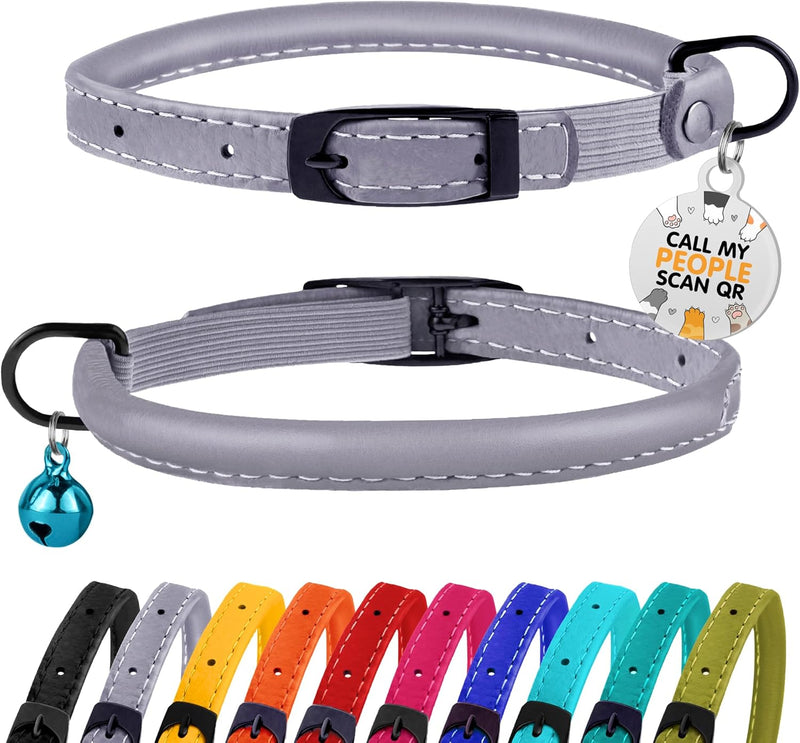 Cat Collar with Bell Kitten Rolled Leather Collars Safety QR ID Name - Smoke Grey