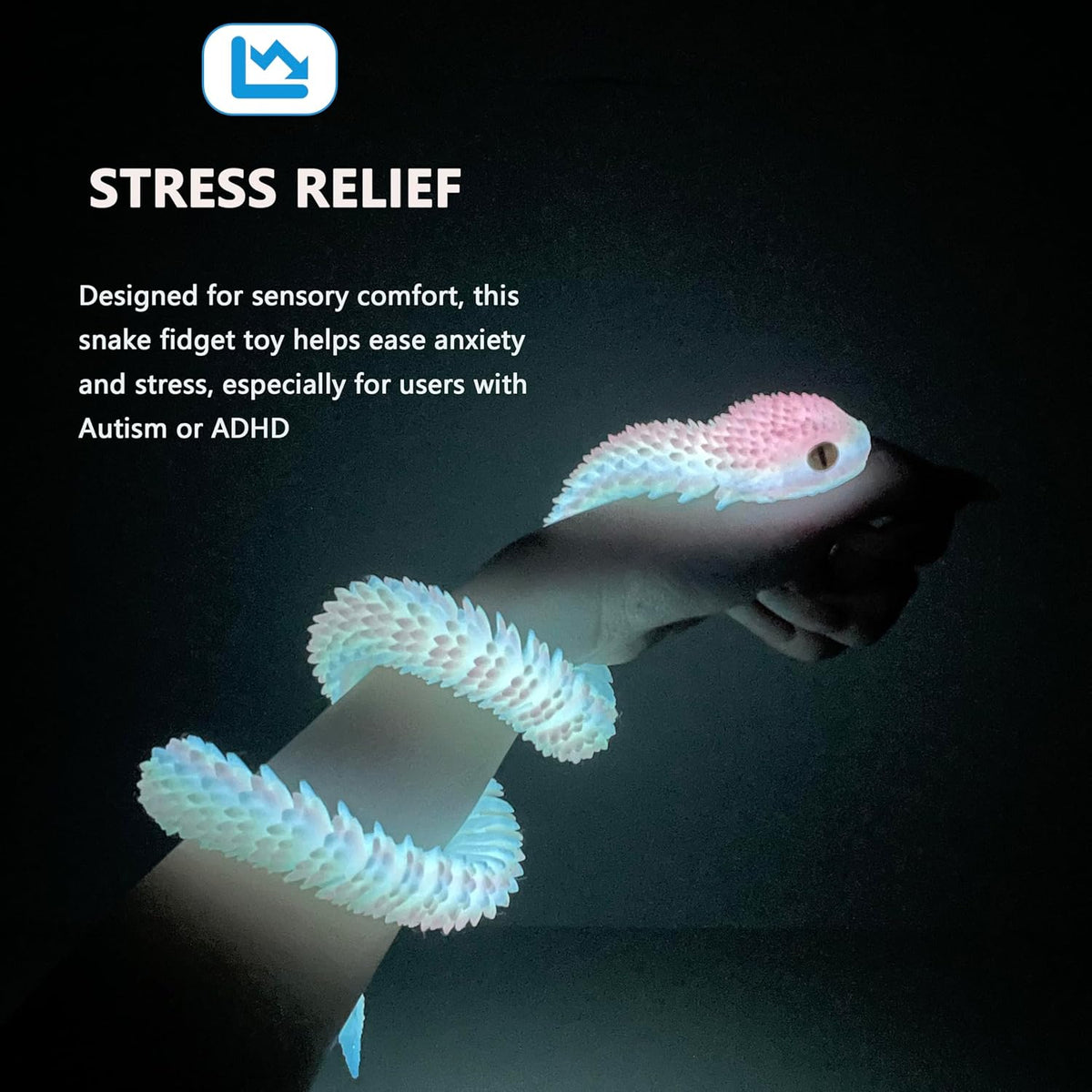 24in 3D Printed Snake Toys, Flexible 3D Printed Animal - Night Light Rainbow / 24in - image 3