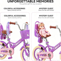 RULLY pink unicorn kids bike with training wheels, front basket, doll seat and streamers - view 15
