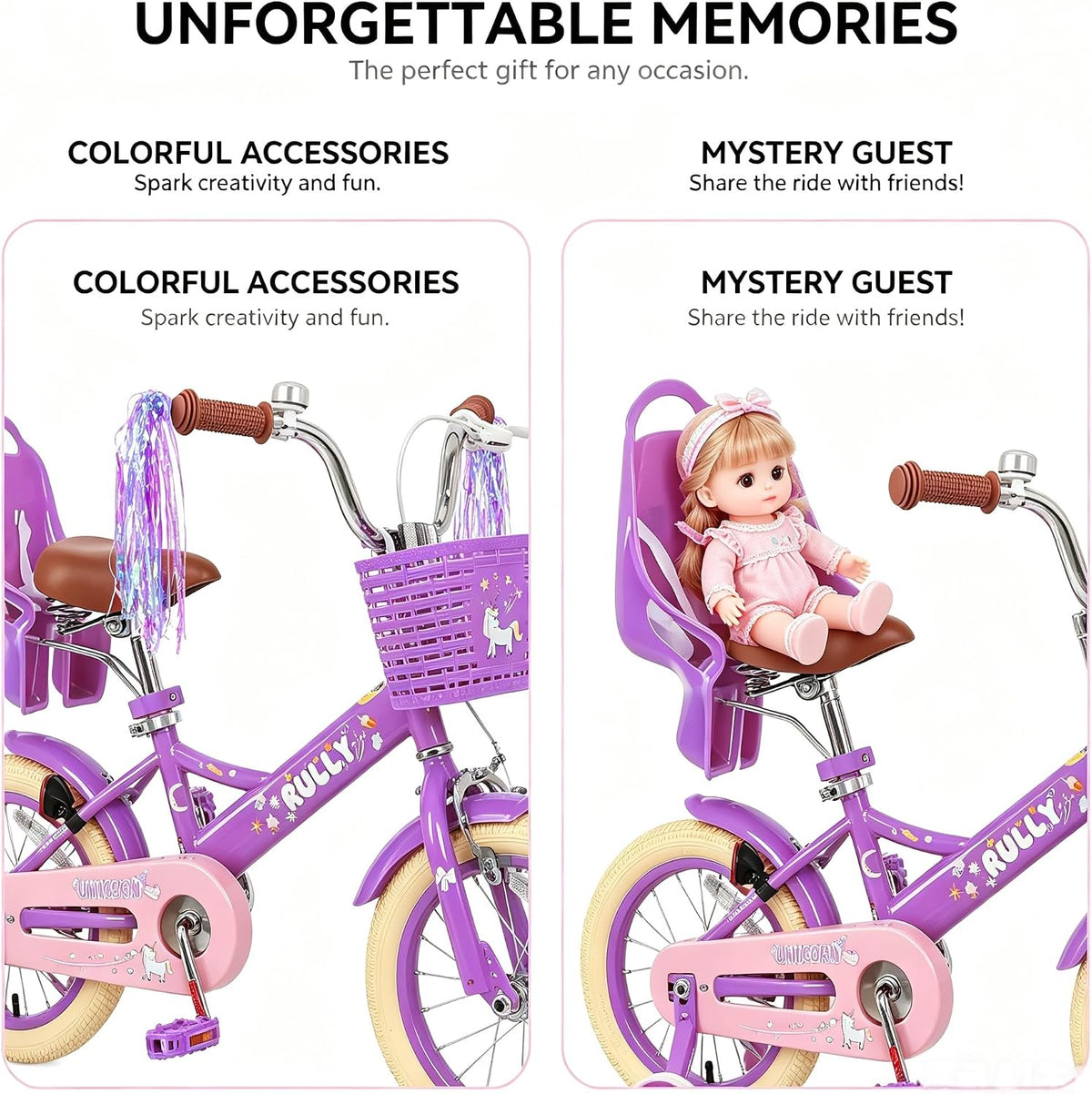 RULLY pink unicorn kids bike with training wheels, front basket, doll seat and streamers - view 15