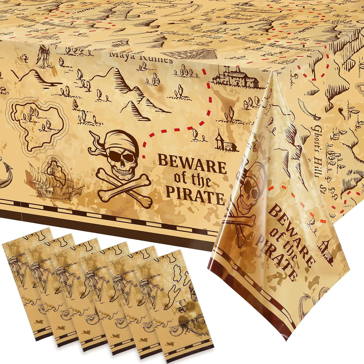 Irenare pirate tablecloth printed with a treasure map, skeleton, boat, mountain and treasure chest - view 4