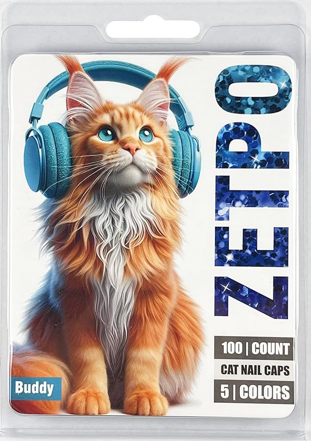 zetpo 100 pcs Cat Nail Caps | Cat Claw Covers | with Adhesives and Applicators (XS, 5X Blue Glitter Shades)