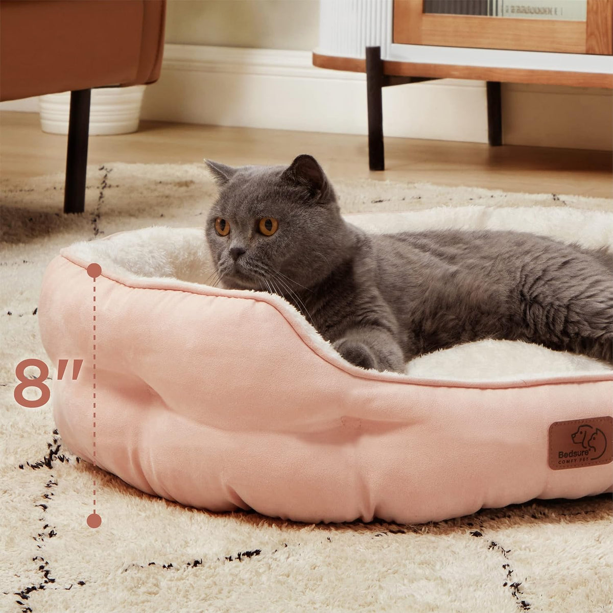 Bedsure Small Dog Bed Washable, Round Cat Beds for Indoor Cats - 25"L x 21"W x 8"Th / Peach Pink - image 3