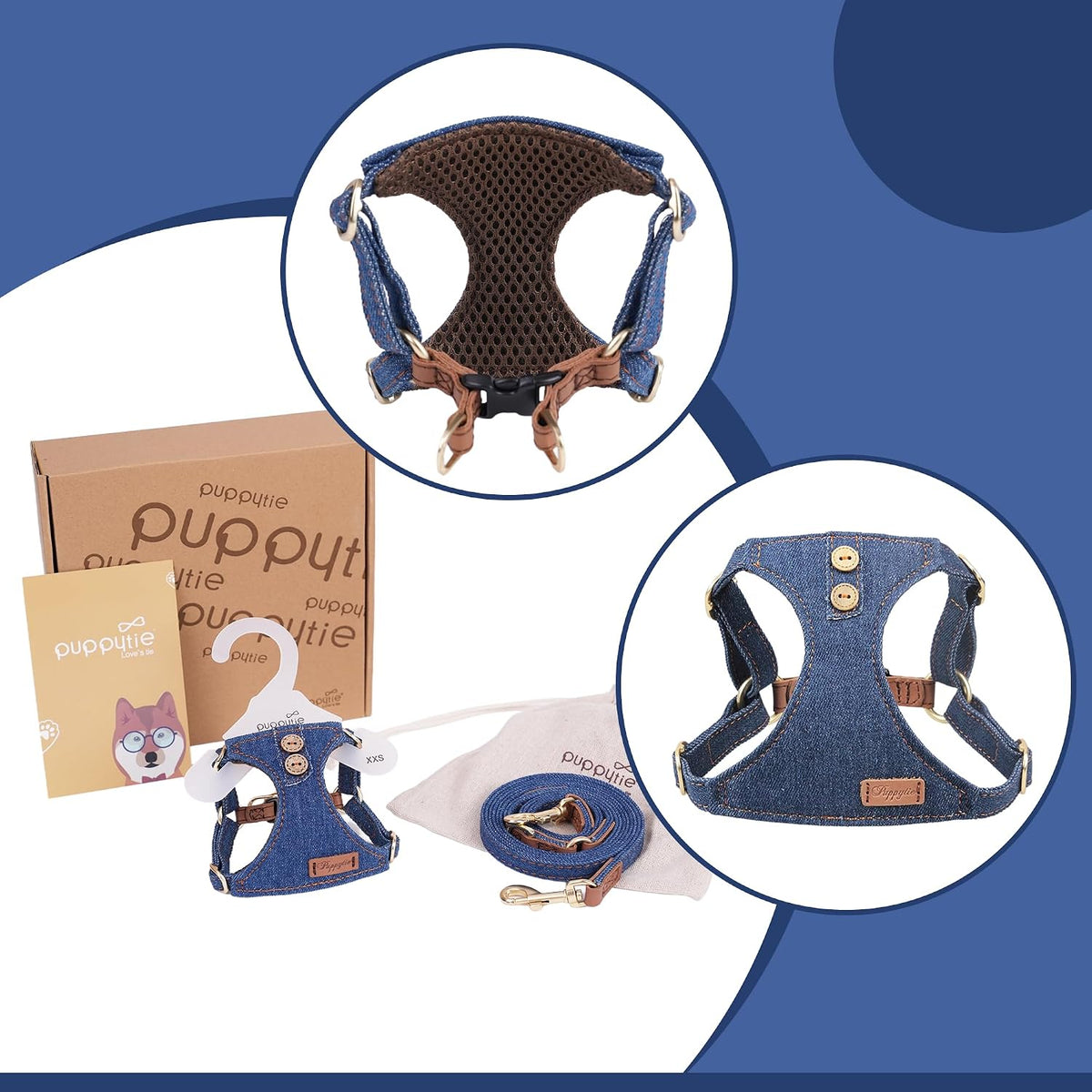 Puppytie XS Dog Harness and Leash Set, Denim Brown, XS – Essentials for Dogs - Button-Denim Blue / XS(4.5-11lb) - image 3
