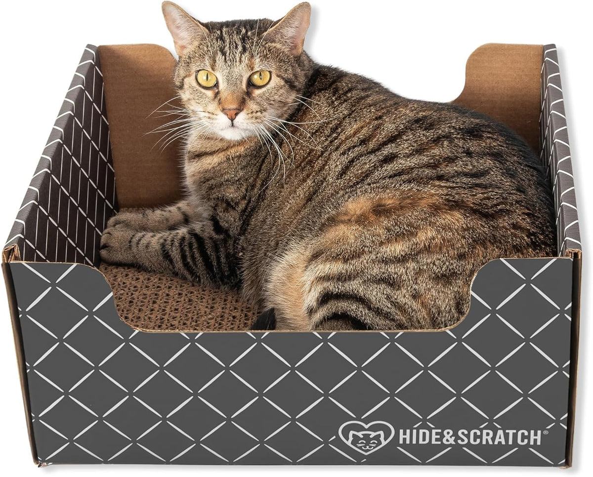 Hide & Scratch Cardboard Cat Scratcher Box & Bed Dark Grey Diamond Pad – Essentials for Cats - Dark Grey Diamond