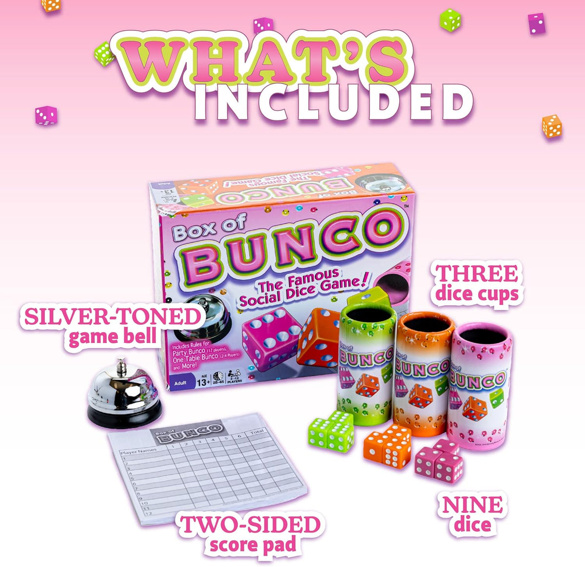 Continuum Games Retro Bunco game kit with colored dice, dice cups, silver bell and score pad - view 6