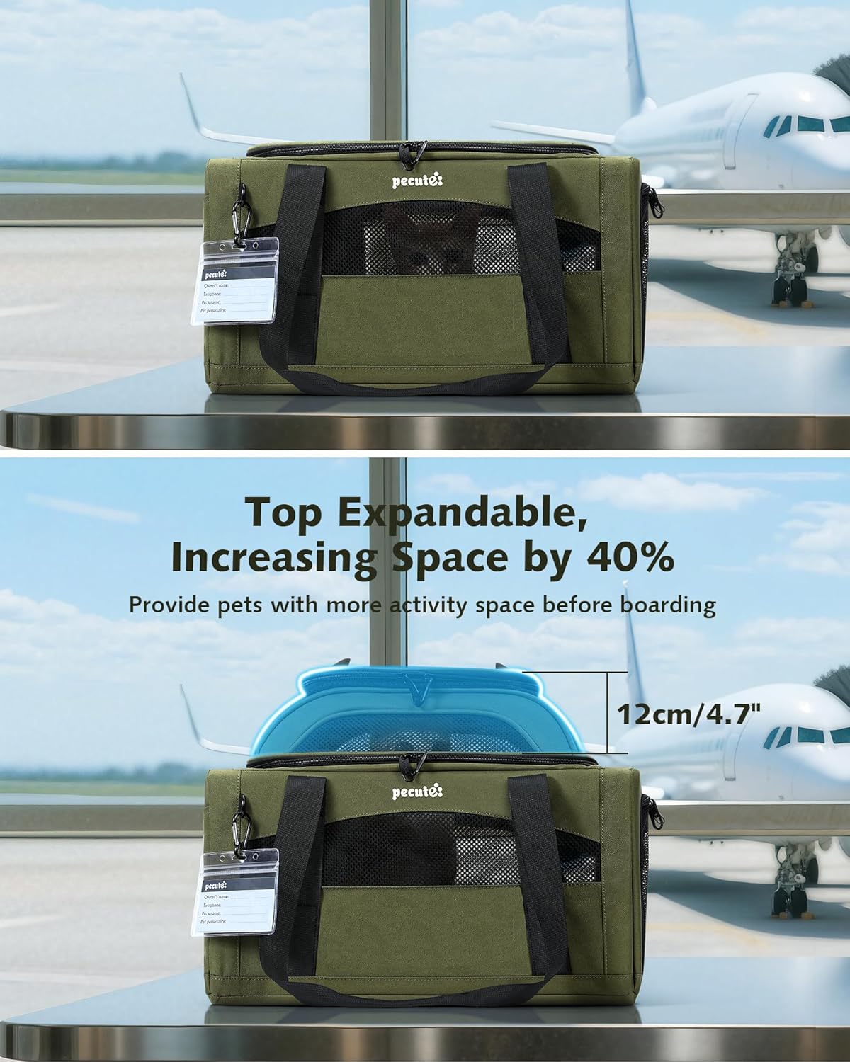 Pecute Expandable Airline Approved Pet Carrier for Cats & Dogs - Dark Green / Top Expandable - image 4