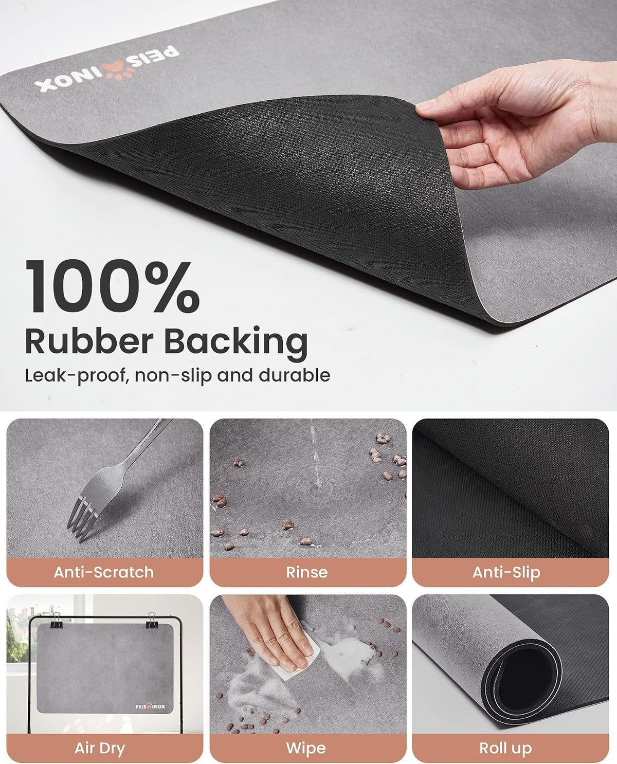 PEISAINOX Cat Dog Food Mat - Light Grey / 16"x27" - image 3