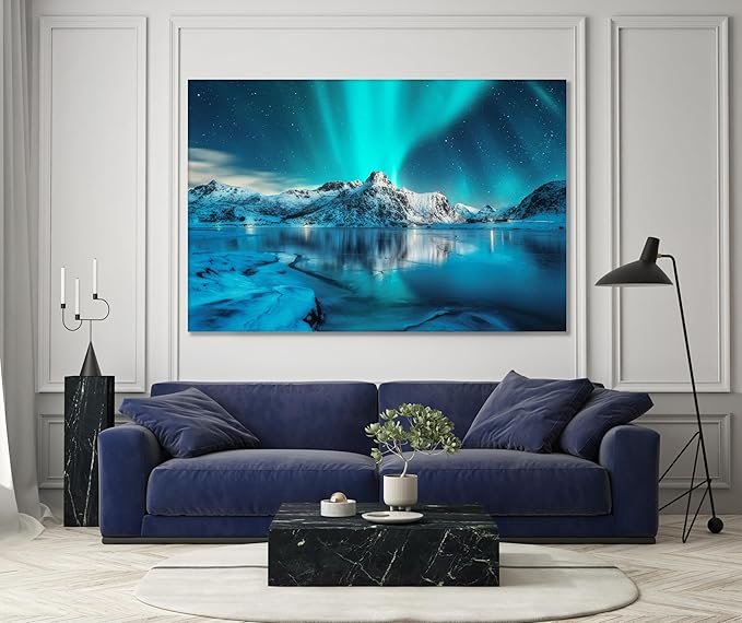 Nature Wall Art Prints - Ocean Forest Mountain Lake Canvas Landscapes - Small to Extra Large Living Room Bedroom Kitchen Bathroom Décor (Northern Lights Over Lake, 35L" x 53W")